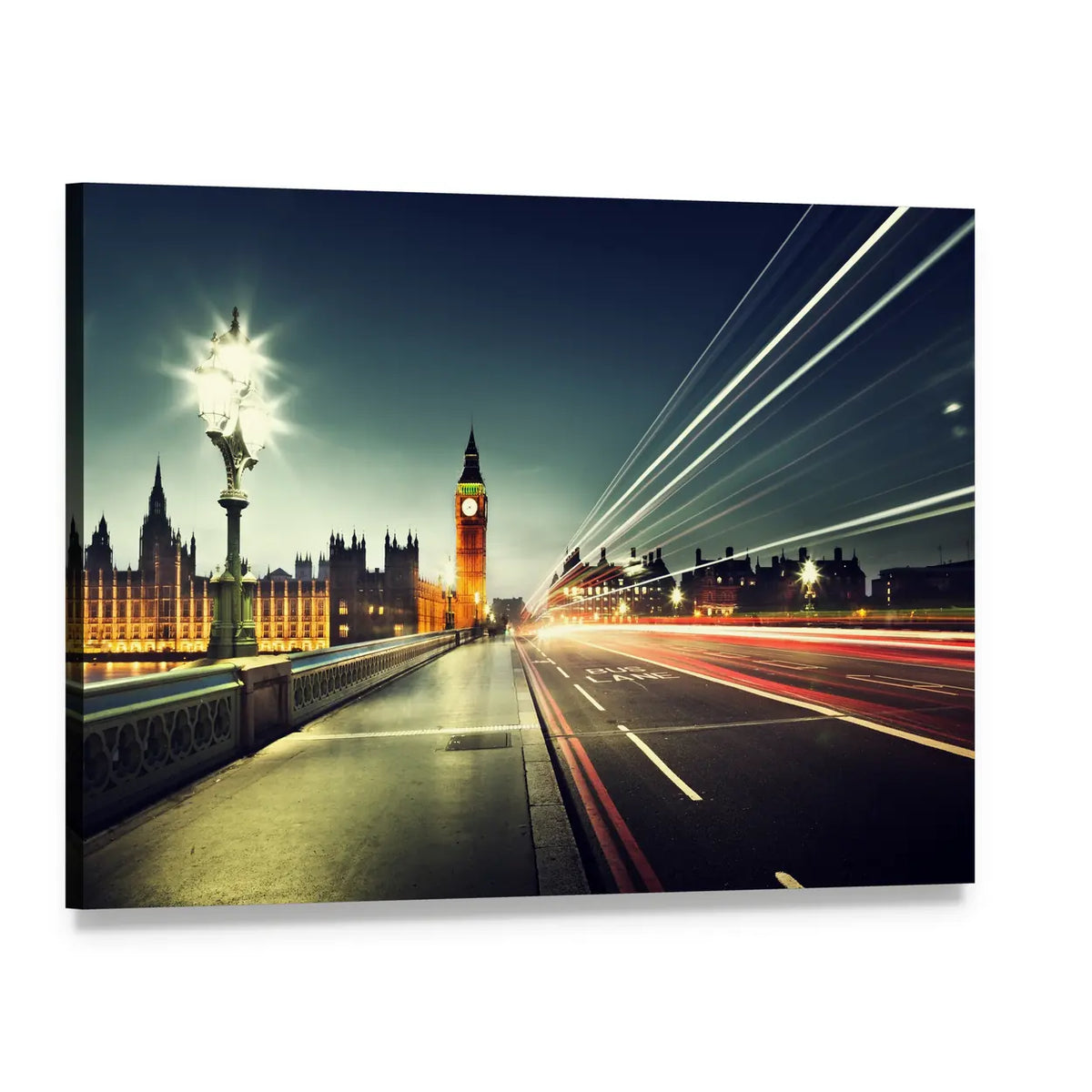 Big Ben from Westminster Bridge at Night Canvas Wall Art, single panel gallery wrapped canvas, angled product view