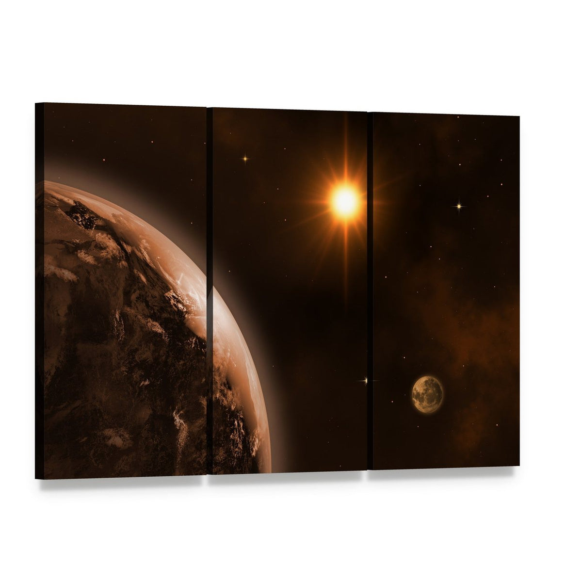 Sun Moon and Earth Canvas Wall Art, 3 panel 3 Horizontal layout gallery wrapped canvas set, angled product view