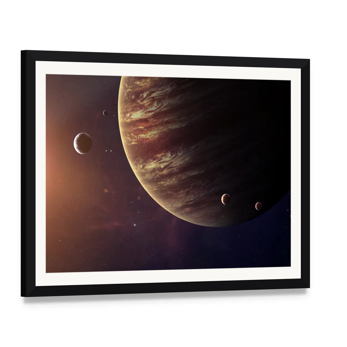 Jupiter with Its Moons Canvas Wall Art, framed print with white mat and black frame, angled product view