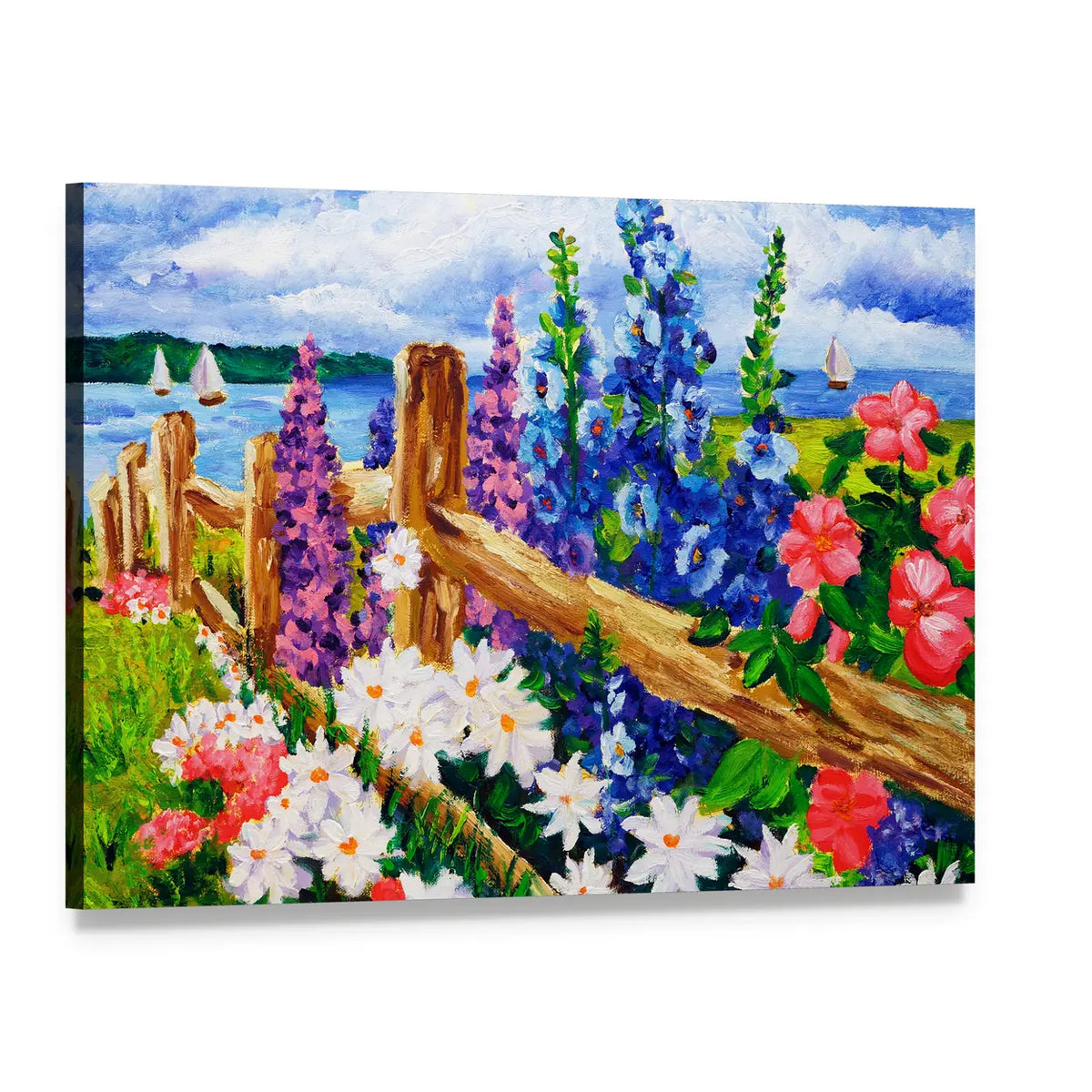 Summer Wildflowers by Split-rail Fence Canvas Wall Art, single panel gallery wrapped canvas, angled product view