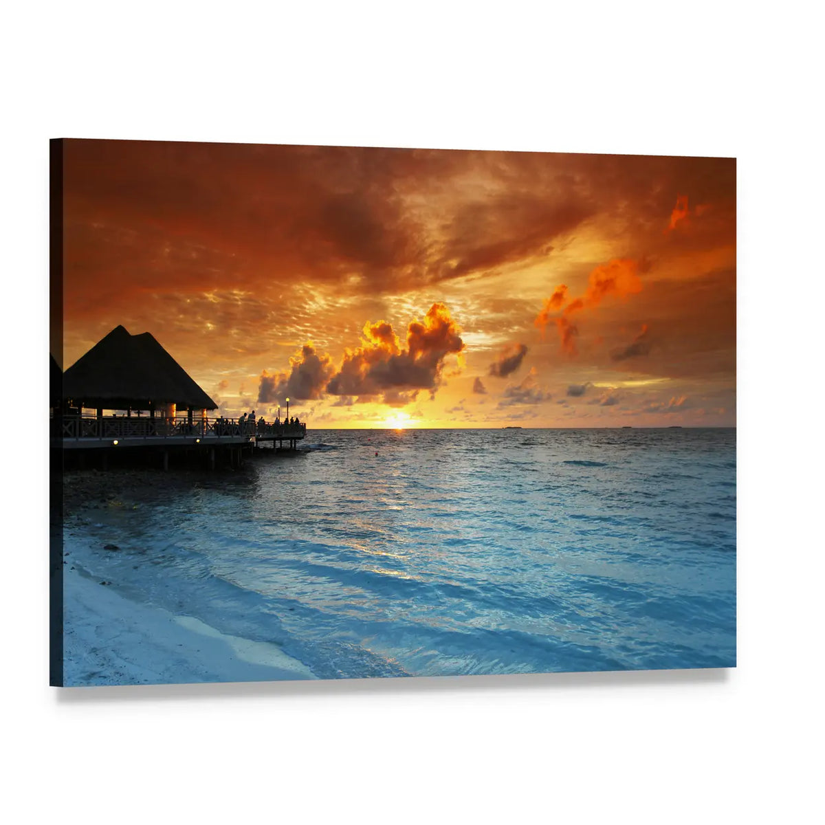 Maldives Thatched Hut on Pier at Sunset Canvas Wall Art, single panel gallery wrapped canvas, angled product view