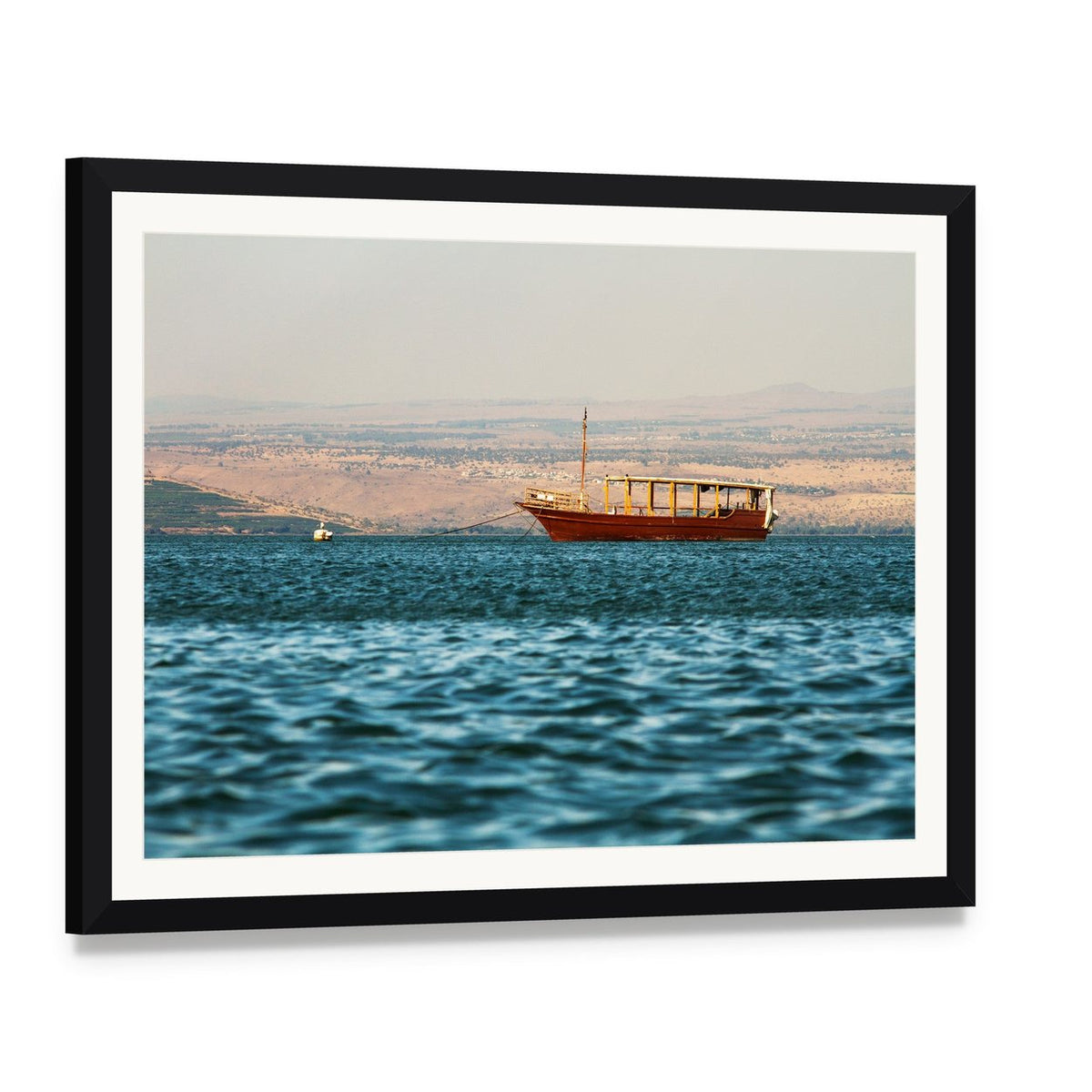 Wooden Boat on Calm Sea Canvas Wall Art, framed print with white mat and black frame, angled product view