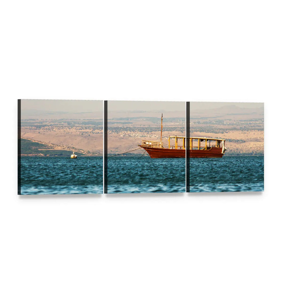 Wooden Dhow on Rippling Sea Panoramic Canvas Wall Art, 3 panel 3 Piece layout gallery wrapped canvas set, angled product view