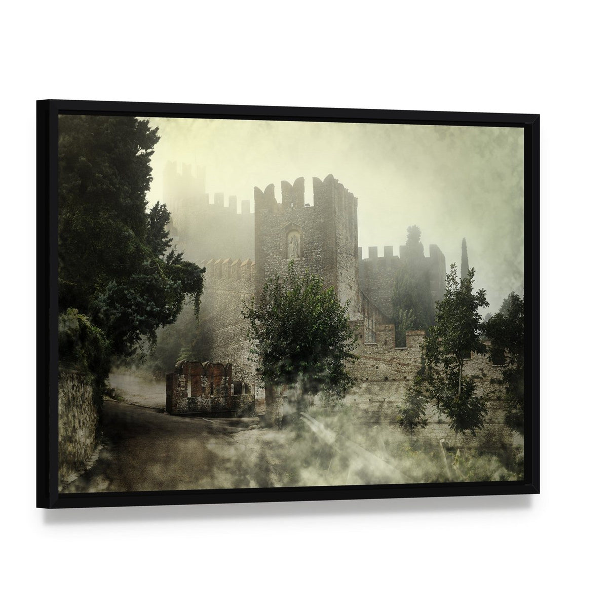 Mysterious Castle Canvas Wall Art, framed canvas in a black floater frame, angled product view
