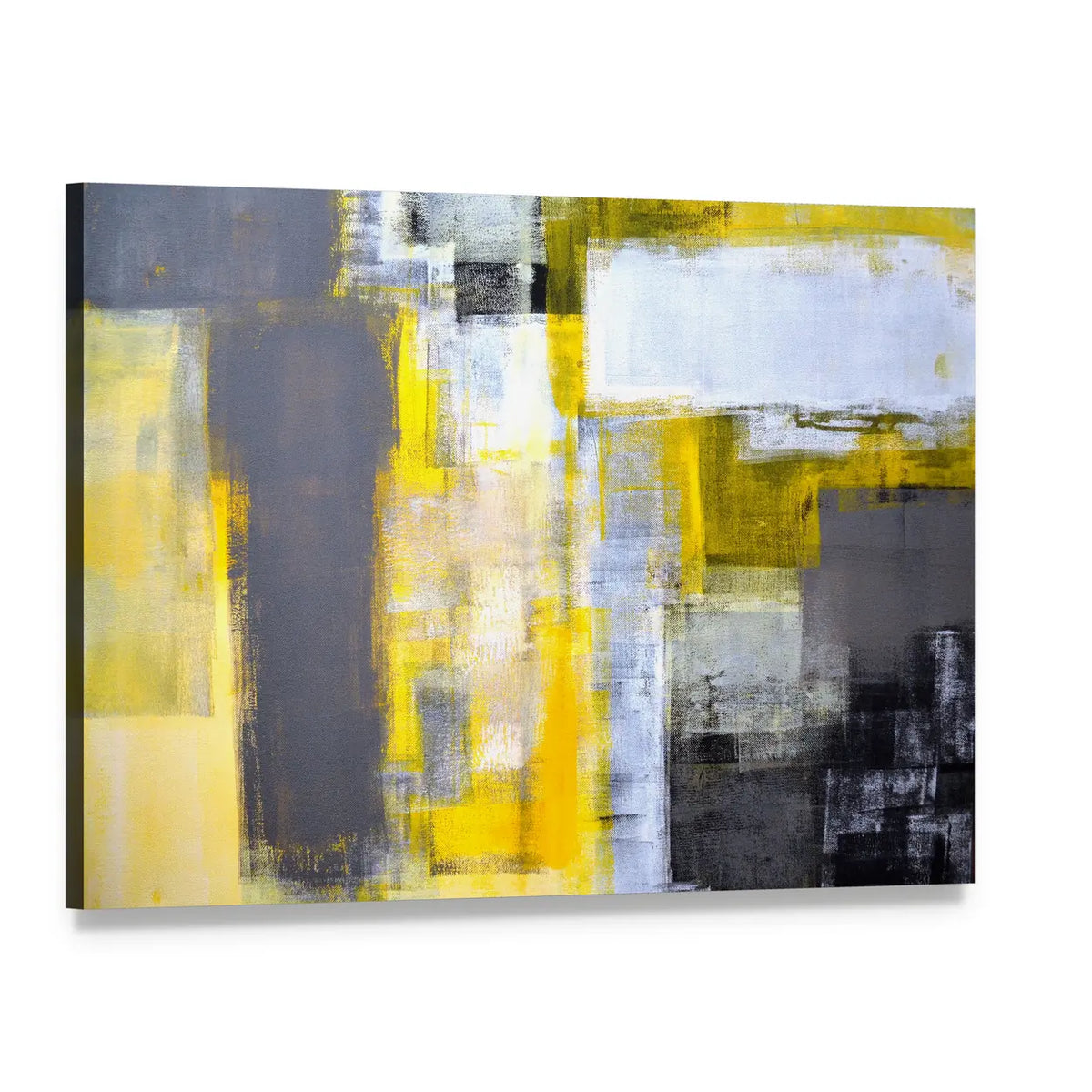 Layered Geometric Abstract with Yellow Bars Canvas Wall Art, single panel gallery wrapped canvas, angled product view