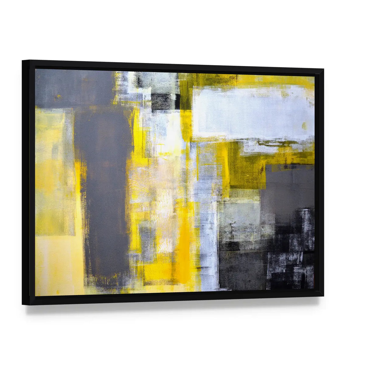 Layered Geometric Abstract with Yellow Bars Canvas Wall Art, framed canvas in a black floater frame, angled product view