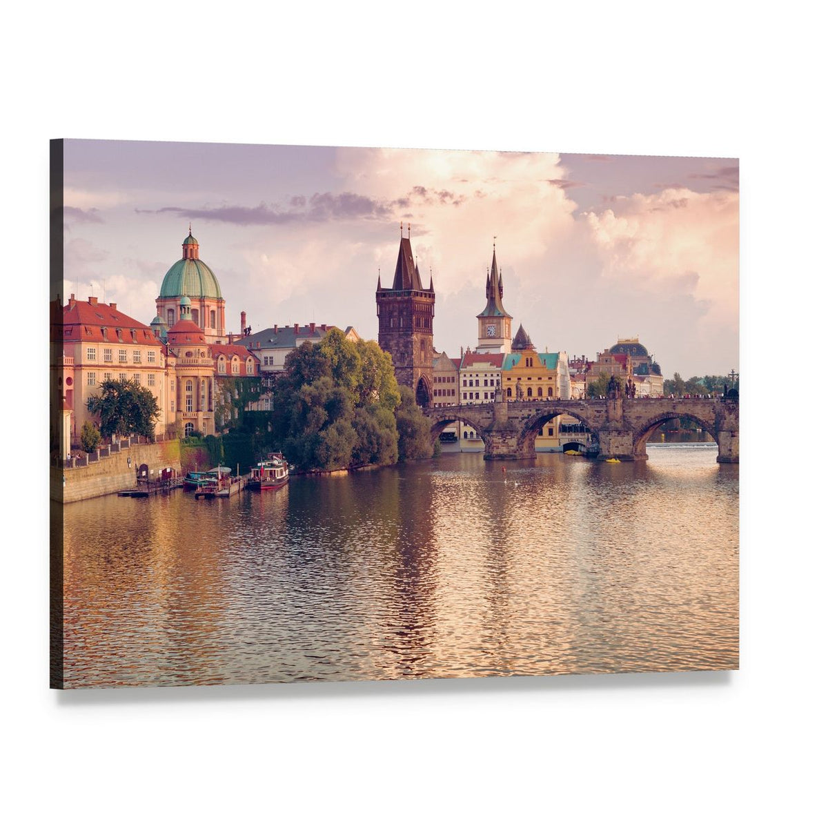 Prague Old Town River View Canvas Wall Art, single panel gallery wrapped canvas, angled product view