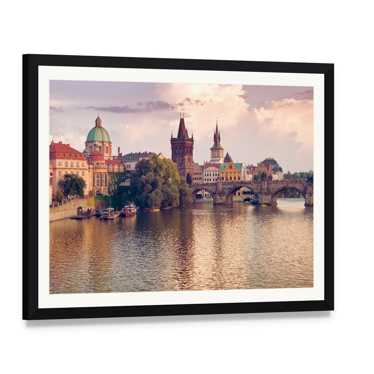 Charles Bridge Over the Vltava, Prague Canvas Wall Art, framed print with white mat and black frame, angled product view