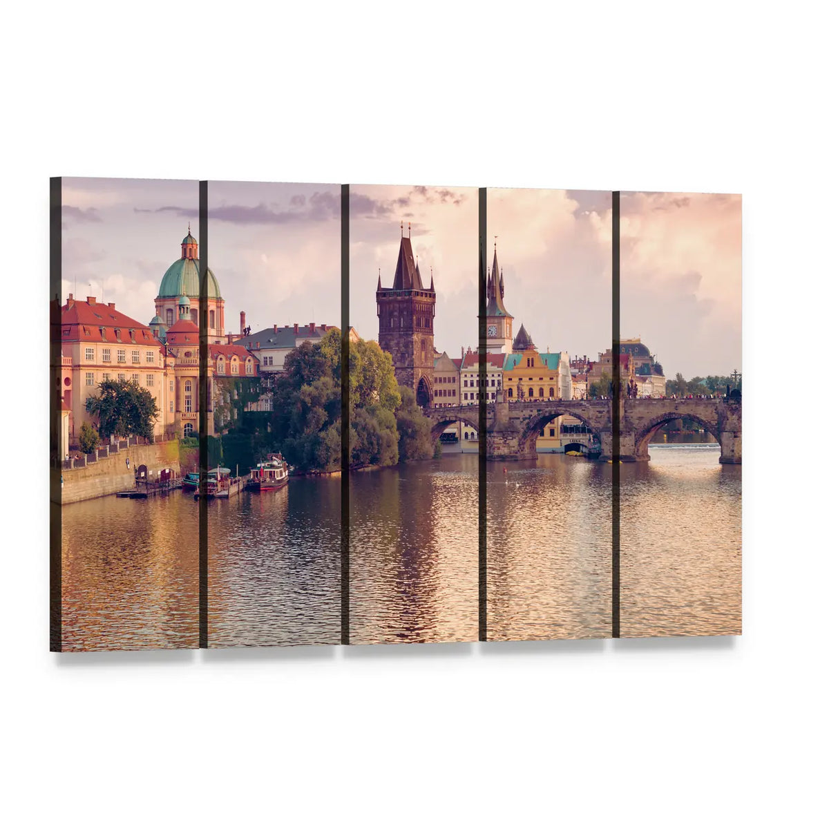 Charles Bridge Over the Vltava, Prague Canvas Wall Art, 5 panel 5 Horizontal layout gallery wrapped canvas set, angled product view
