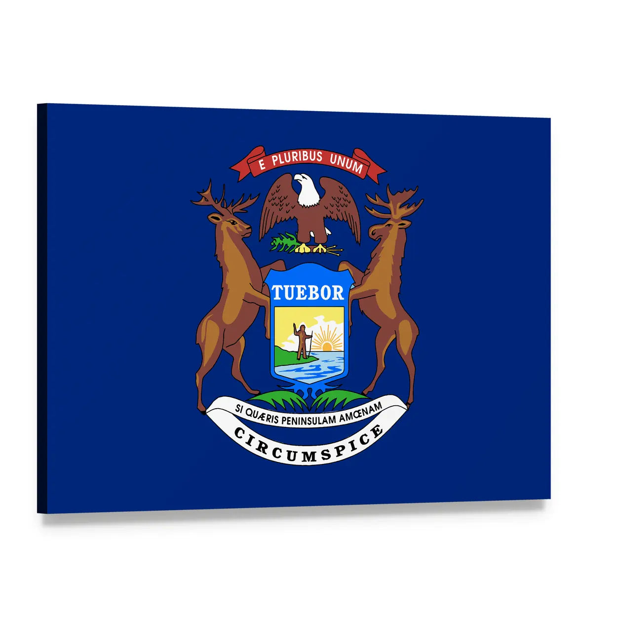 Michigan State Coat of Arms Flag Canvas Wall Art, single panel gallery wrapped canvas, angled product view