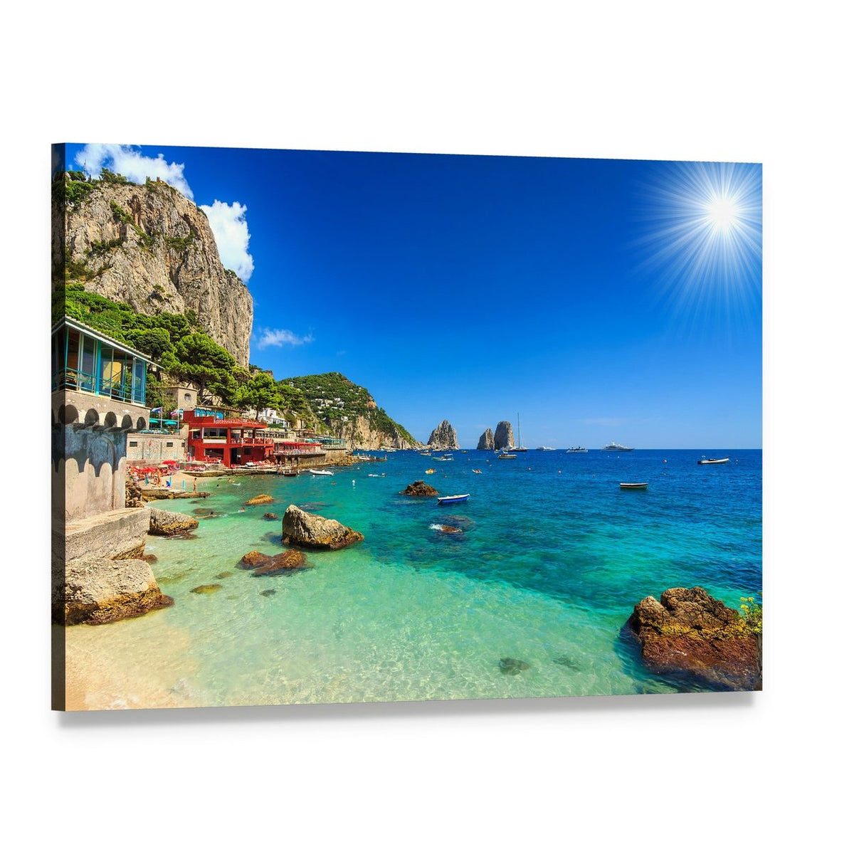 Faraglioni Cliffs and Beach Canvas Wall Art, single panel gallery wrapped canvas, angled product view