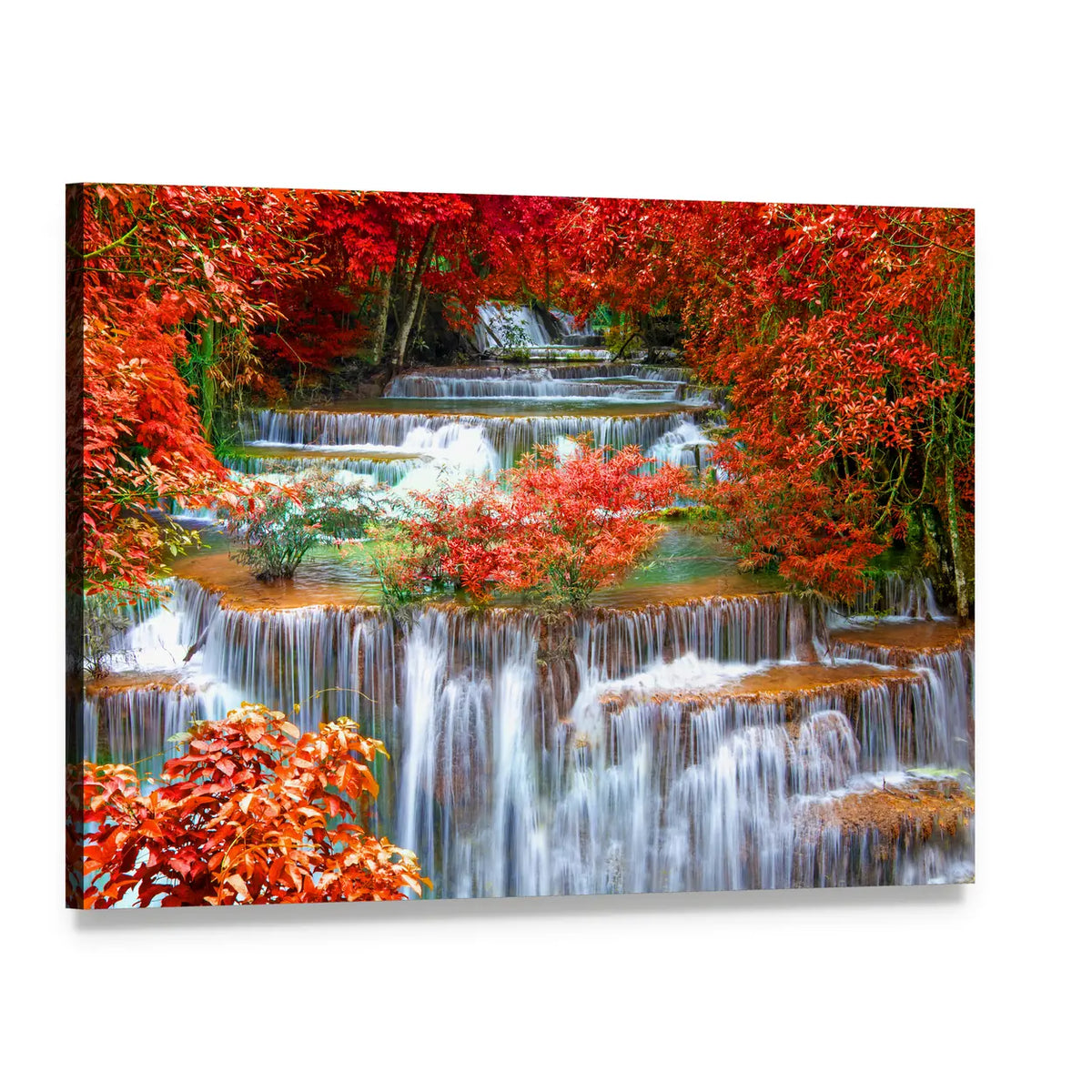 Tiered Waterfall with Red Autumn Leaves Canvas Wall Art, single panel gallery wrapped canvas, angled product view
