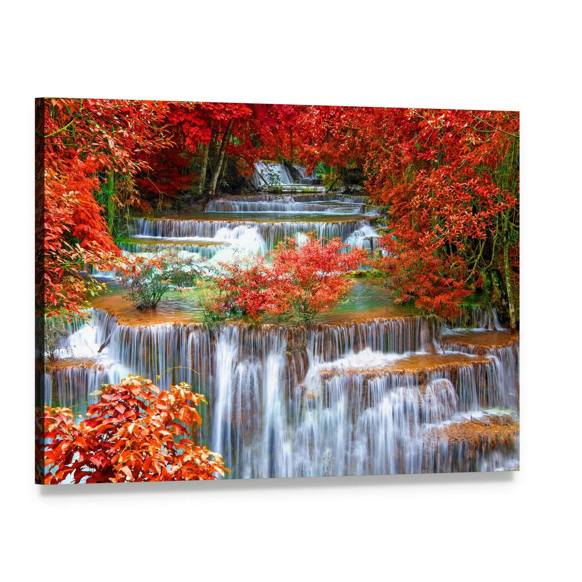Autumn Waterfall in Deep Rainforest Canvas Wall Art, single panel gallery wrapped canvas, angled product view