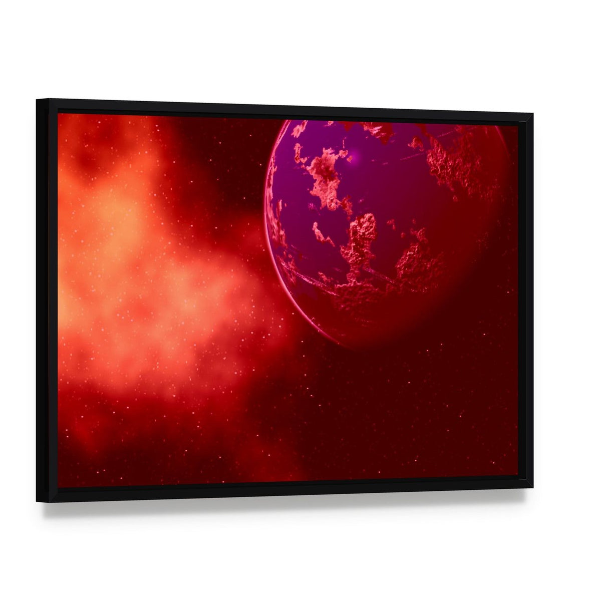 Mustafar Planet Canvas Wall Art, framed canvas in a black floater frame, angled product view