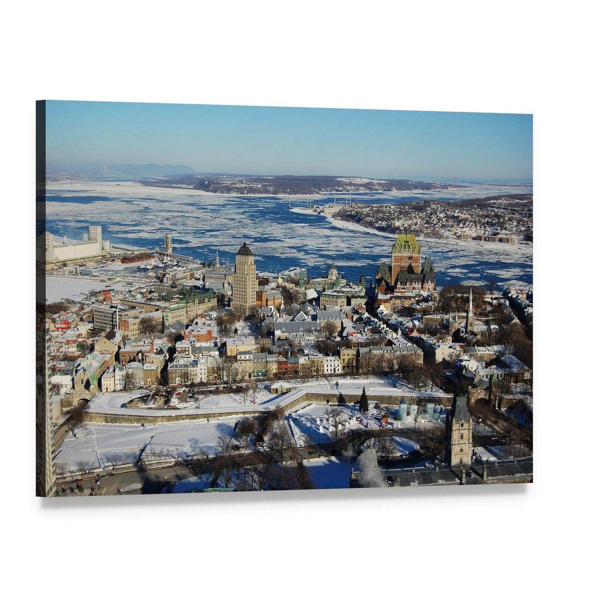 Quebec City Winter Landscape Canvas Wall Art, single panel gallery wrapped canvas, angled product view