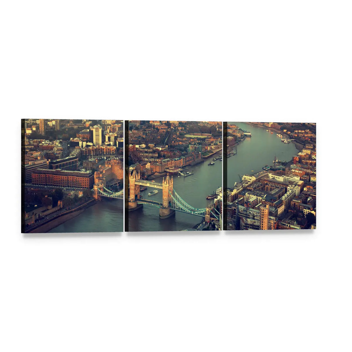 Tower Bridge Aerial View at Dusk Panoramic Canvas Wall Art, 3 panel 3 Piece layout gallery wrapped canvas set, angled product view
