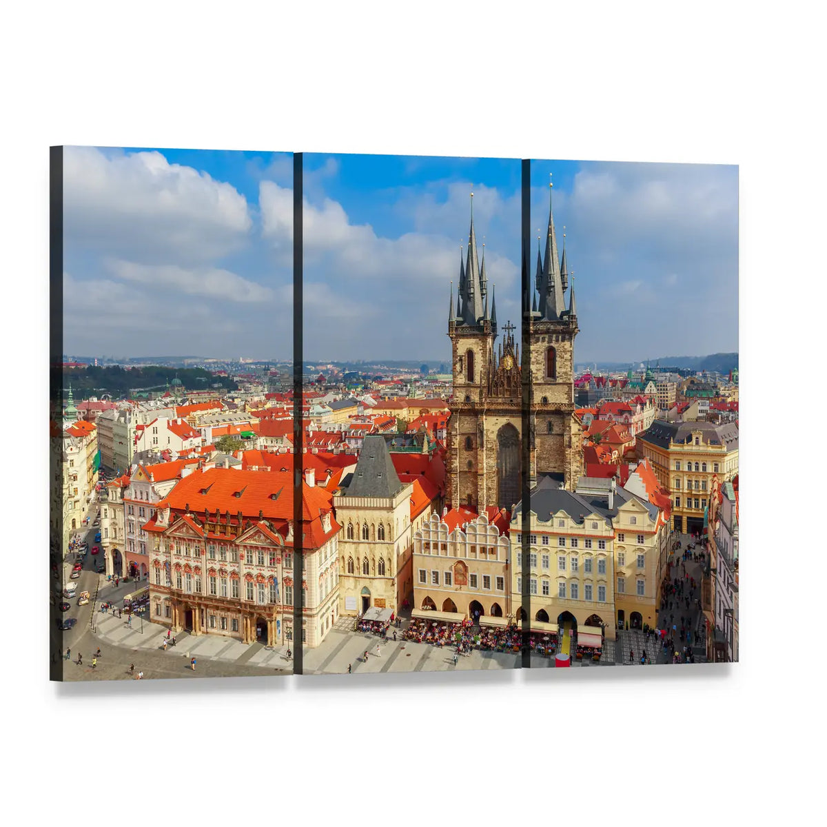 Old Town Square and Týn Church, Prague Canvas Wall Art, 3 panel 3 Horizontal layout gallery wrapped canvas set, angled product view