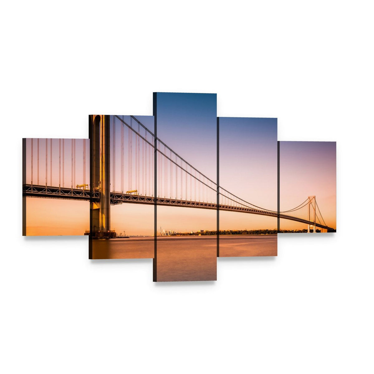 Verrazano Narrows Bridge at Sunset Canvas Wall Art, 5 panel 5 Star layout gallery wrapped canvas set, angled product view
