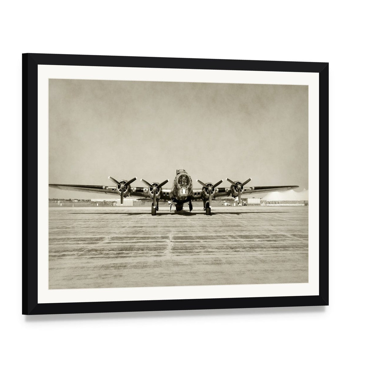 World War Ii Era Heavy Bomber Canvas Wall Art, framed print with white mat and black frame, angled product view