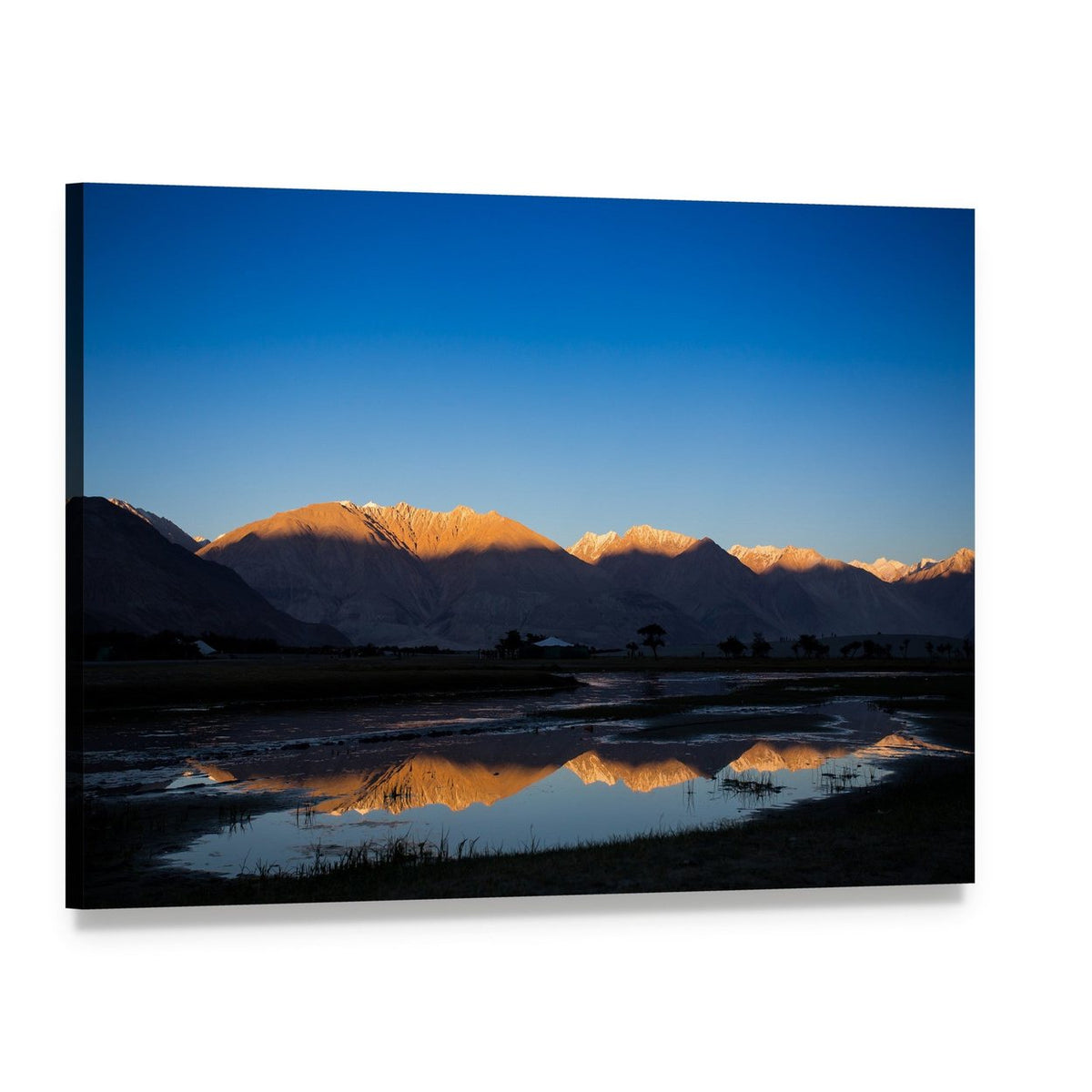 Nubra River Reflection at Sunset Canvas Wall Art, single panel gallery wrapped canvas, angled product view