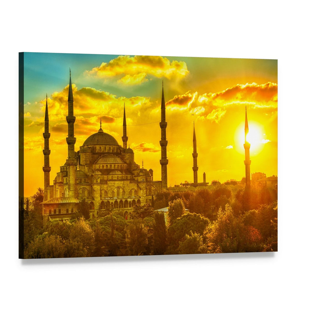 Blue Mosque at Beautiful Sunset Canvas Wall Art, single panel gallery wrapped canvas, angled product view