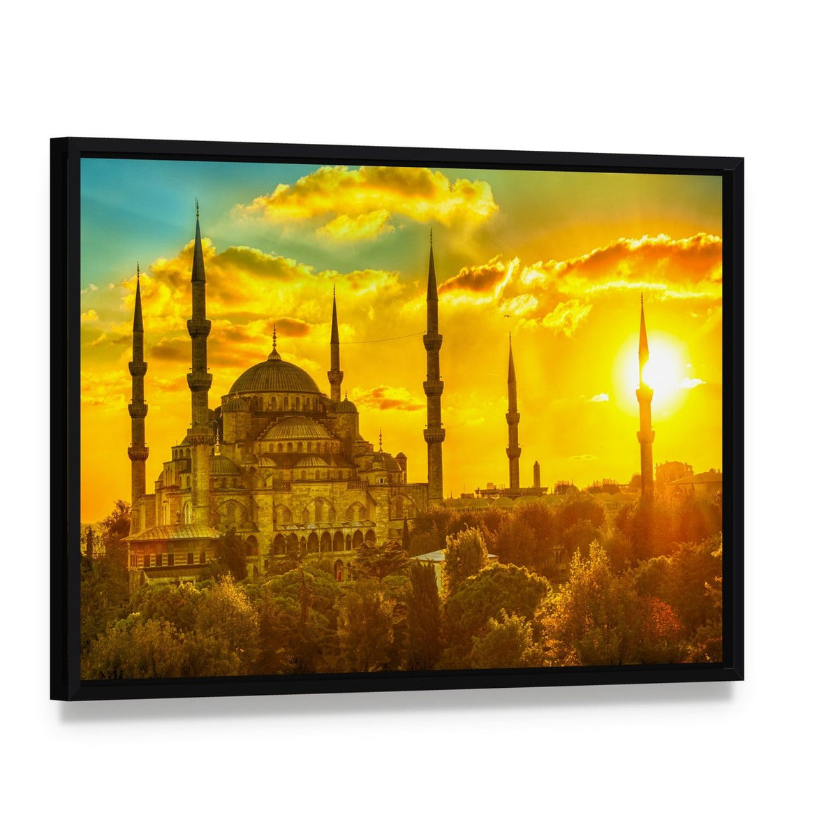 Blue Mosque at Beautiful Sunset Canvas Wall Art, framed canvas in a black floater frame, angled product view