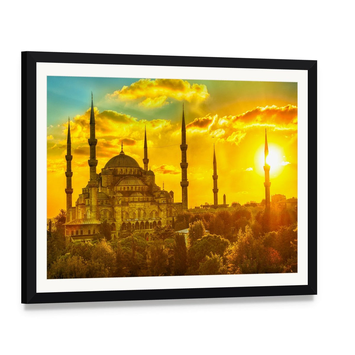 Blue Mosque at Beautiful Sunset Canvas Wall Art, framed print with white mat and black frame, angled product view