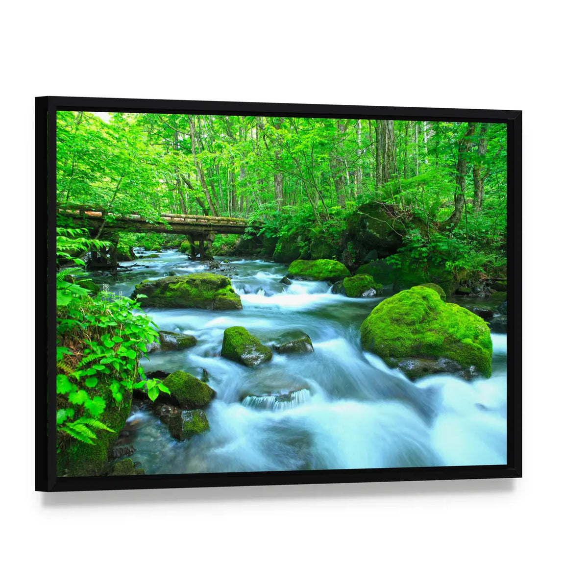 Stream In Spring Forest Canvas Wall Art, framed canvas in a black floater frame, angled product view
