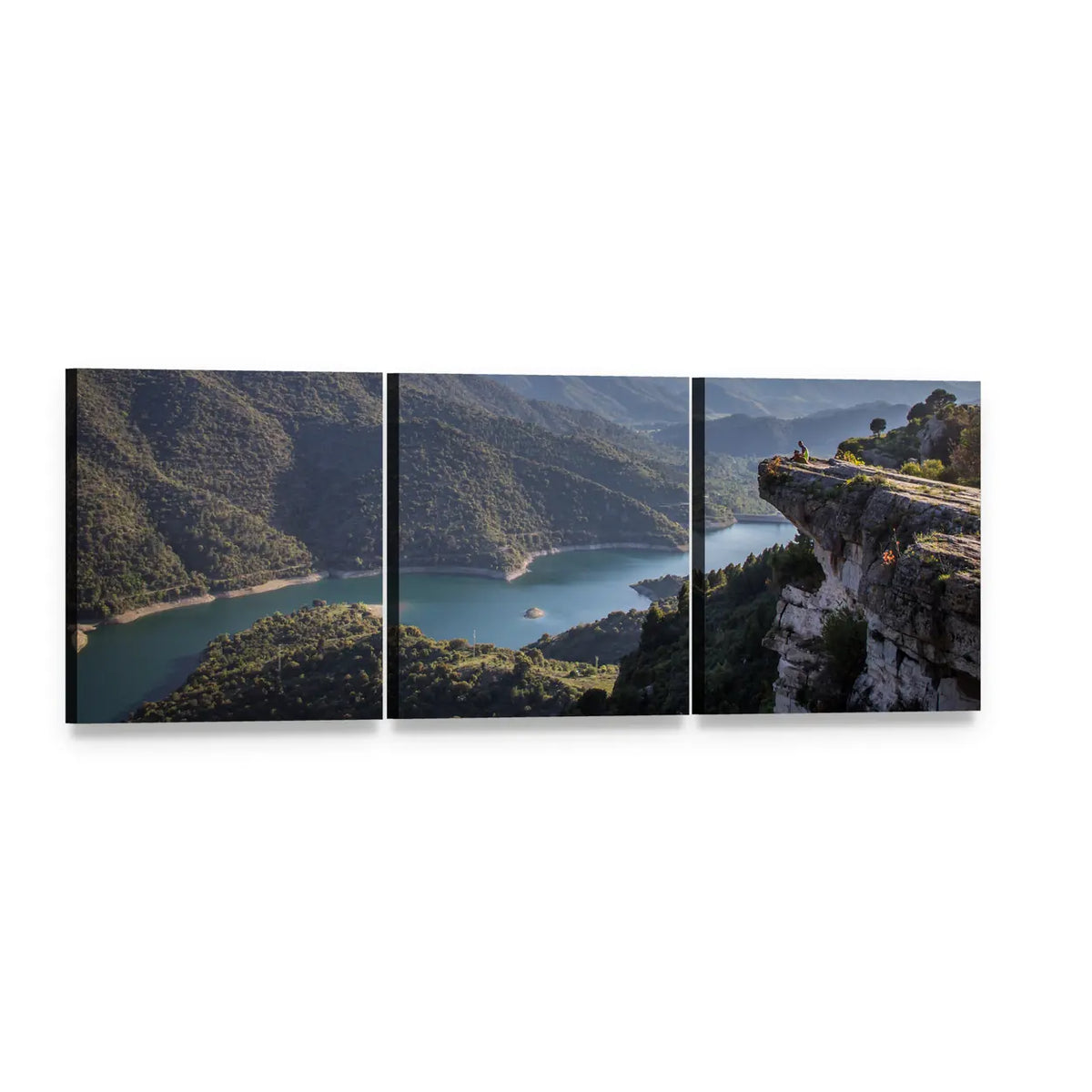 Winding River Through Mountain Range Panoramic Canvas Wall Art, 3 panel 3 Piece layout gallery wrapped canvas set, angled product view