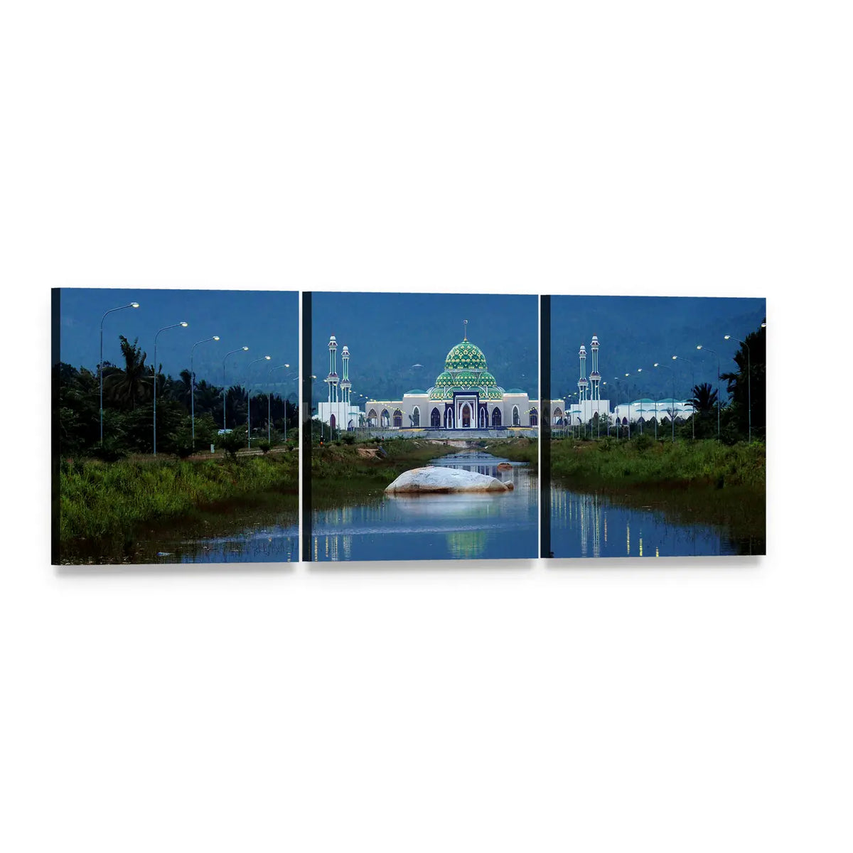 Mosque with Green Dome and Reflection Panoramic Canvas Wall Art, 3 panel 3 Piece layout gallery wrapped canvas set, angled product view