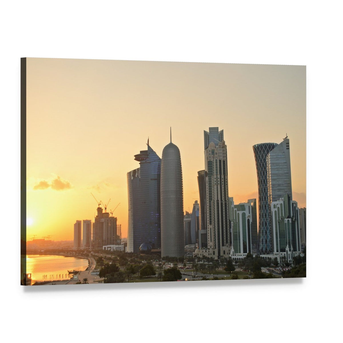 Doha Commercial Center Skyline at Sunset Canvas Wall Art, single panel gallery wrapped canvas, angled product view