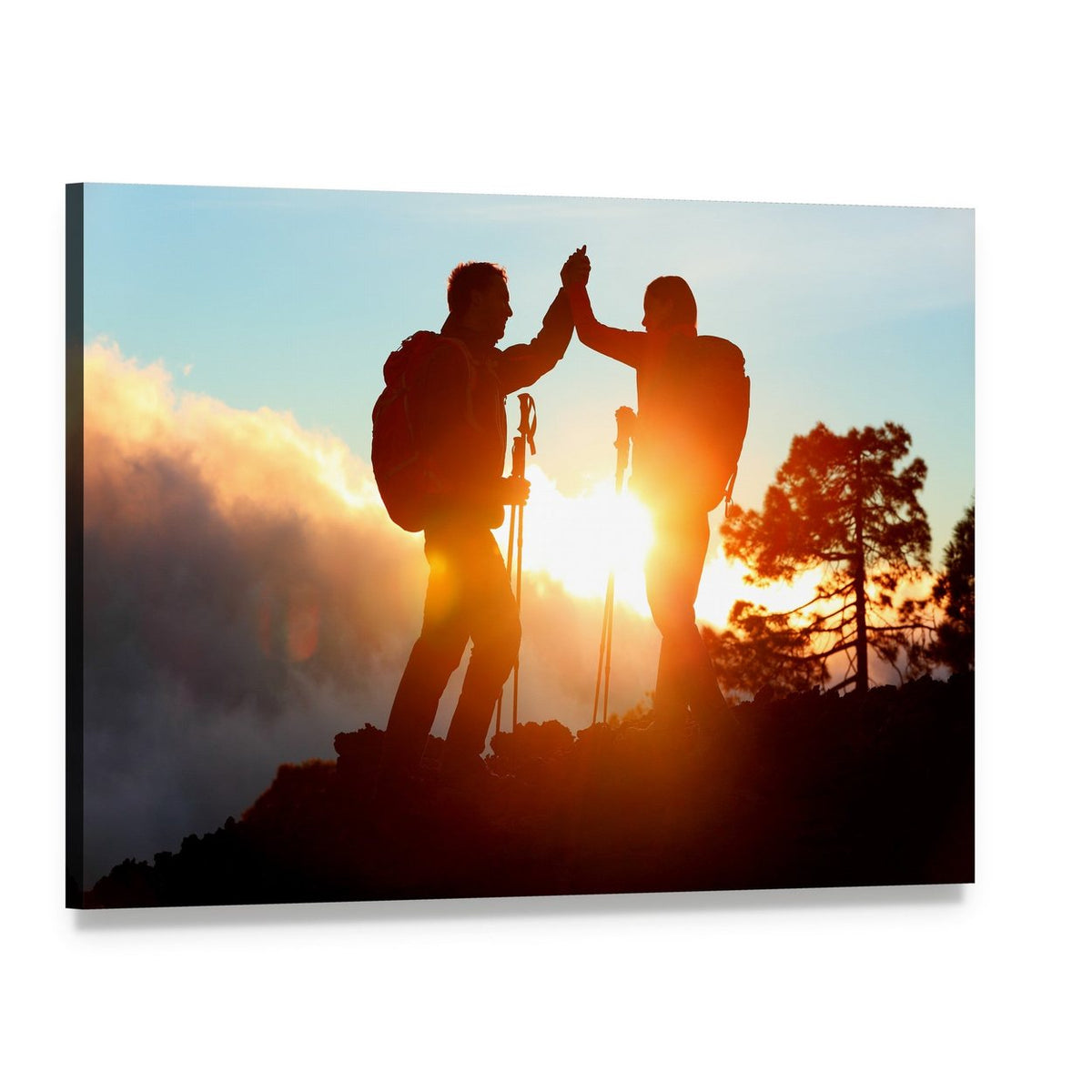 Hikers High Five at Sunset Canvas Wall Art, single panel gallery wrapped canvas, angled product view