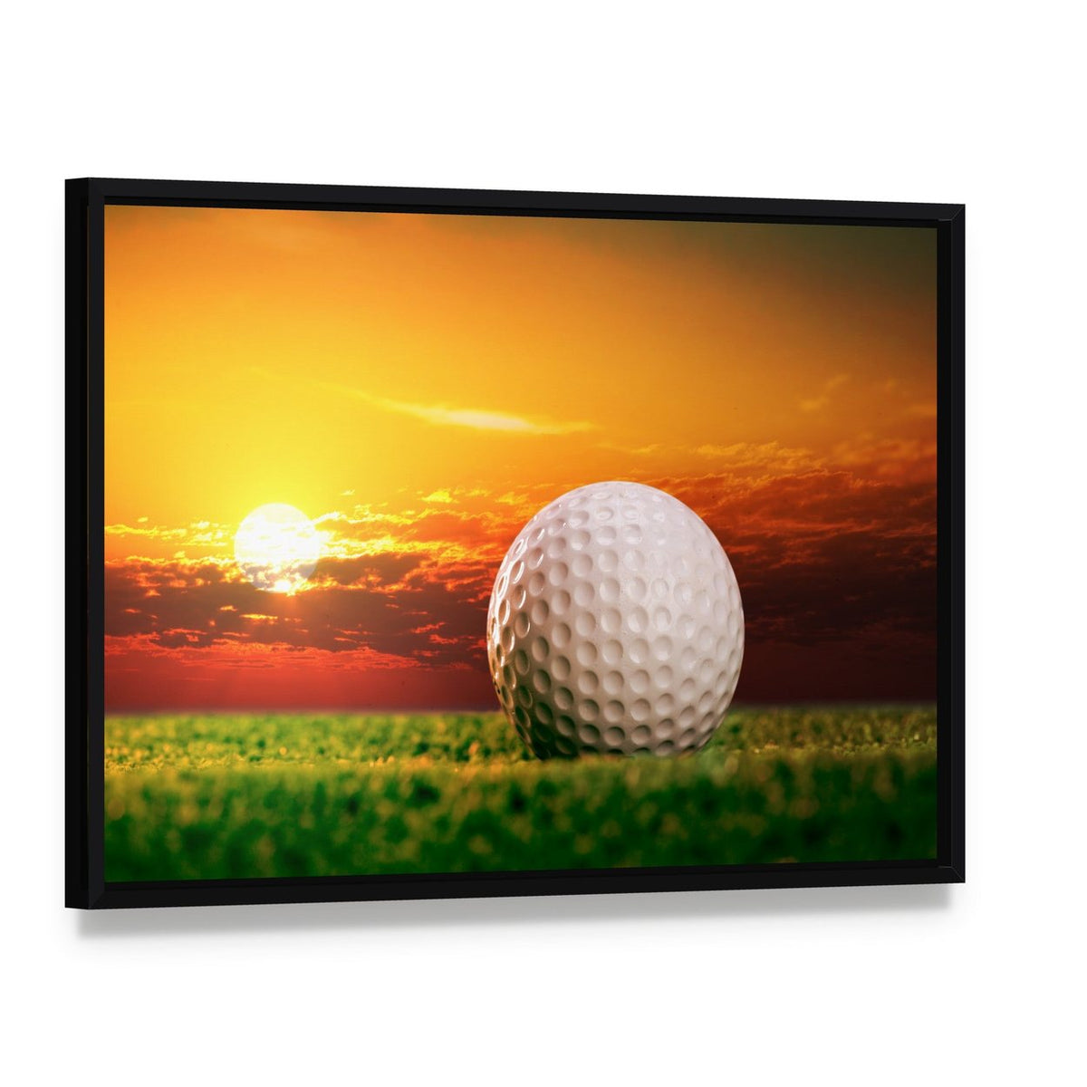 Golf Ball at Sunset Canvas Wall Art, framed canvas in a black floater frame, angled product view