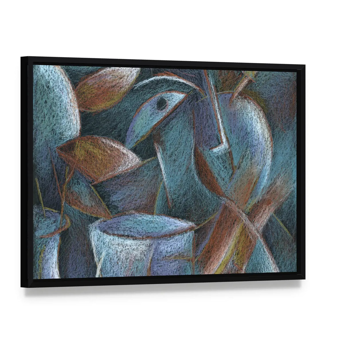 Cubist Pastel Abstract Canvas Wall Art, framed canvas in a black floater frame, angled product view