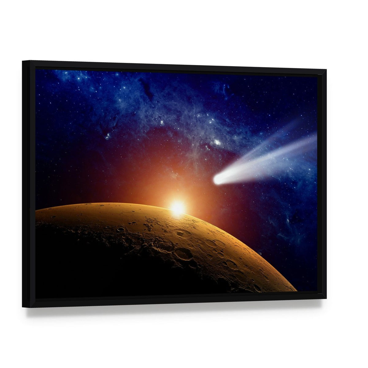 Comet Approaching Mars Canvas Wall Art, framed canvas in a black floater frame, angled product view