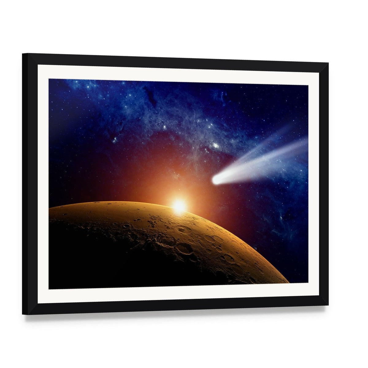 Comet Approaching Mars Canvas Wall Art, framed print with white mat and black frame, angled product view