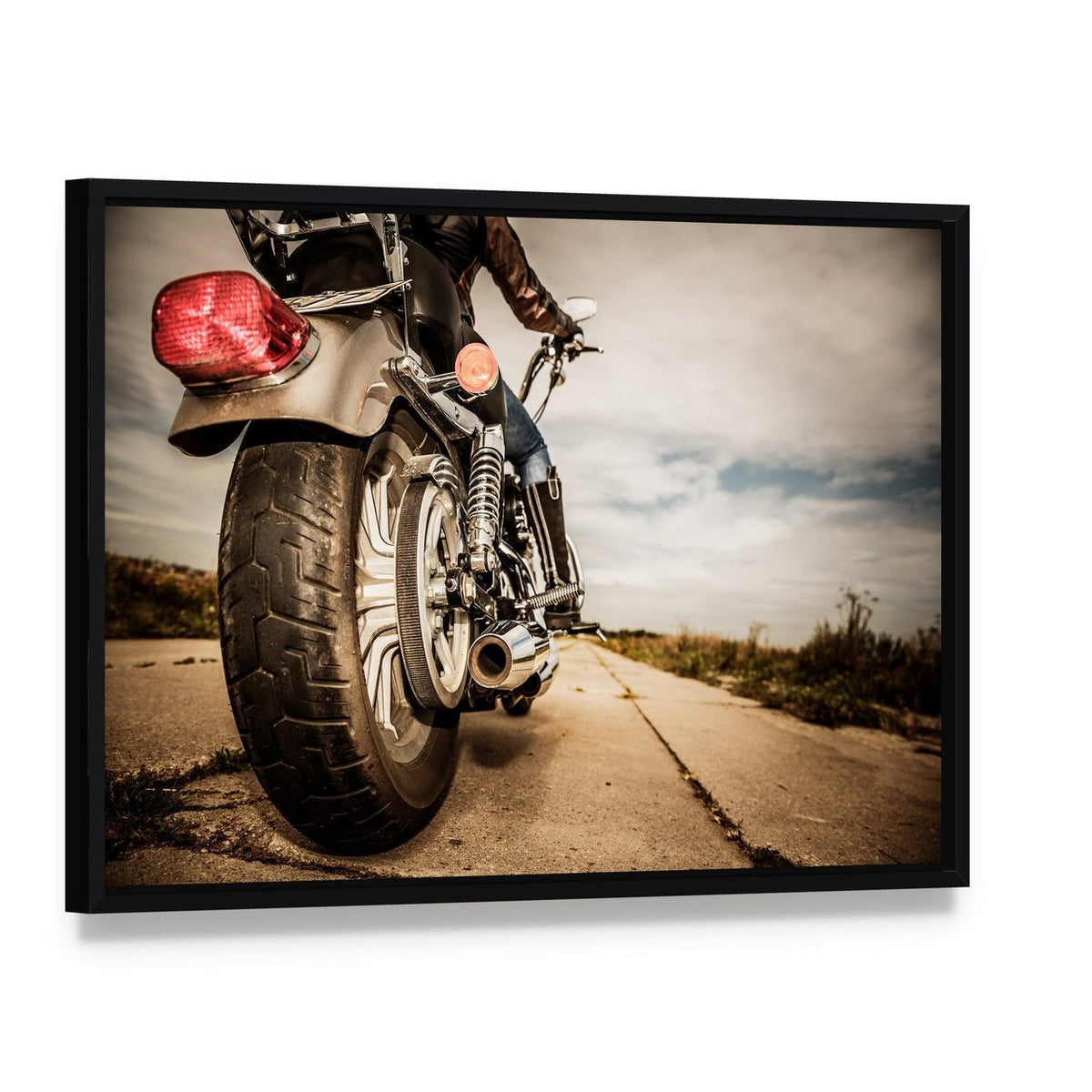 Motorcycle Rear View Canvas Wall Art, framed canvas in a black floater frame, angled product view