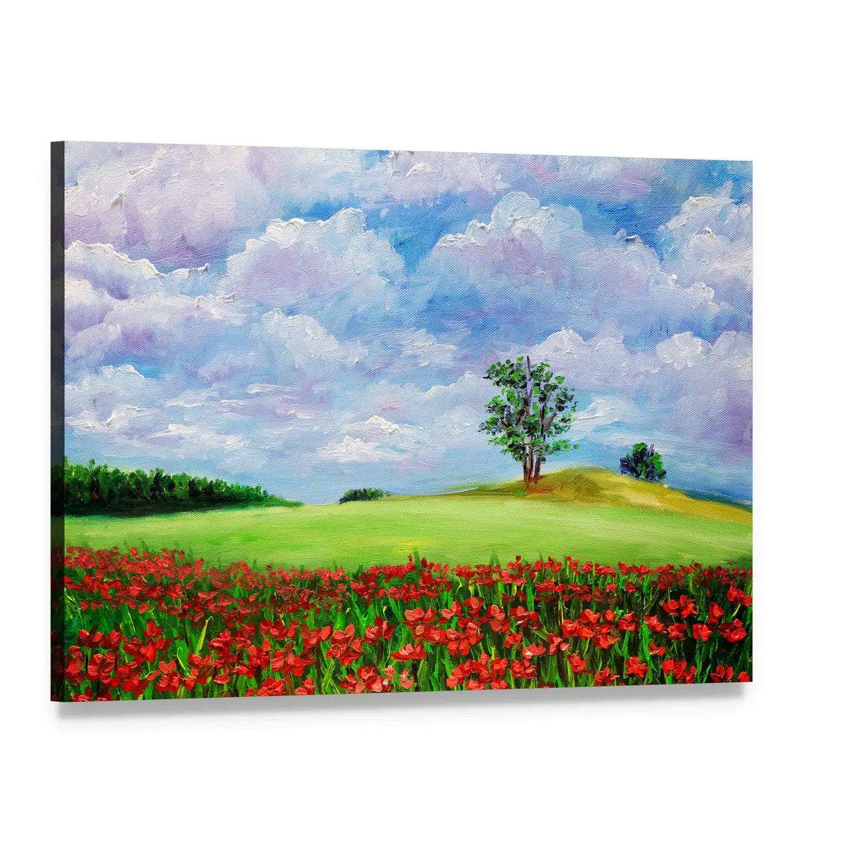 Red Poppy Field Landscape Canvas Wall Art, single panel gallery wrapped canvas, angled product view