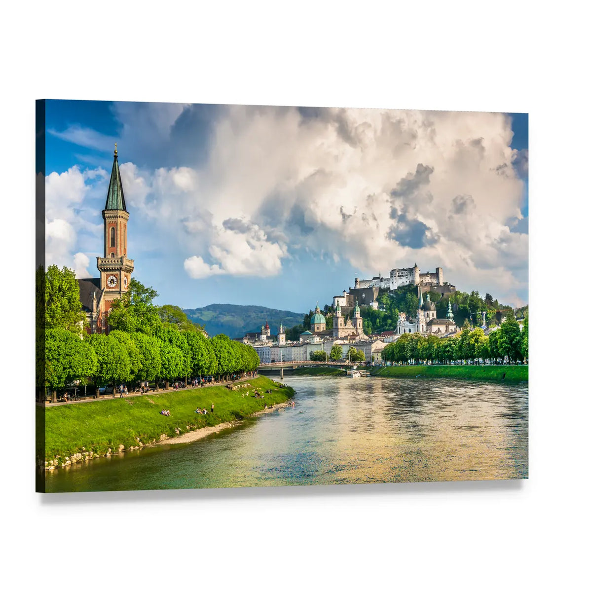 Salzburg Cityscape with Salzach River Canvas Wall Art, single panel gallery wrapped canvas, angled product view