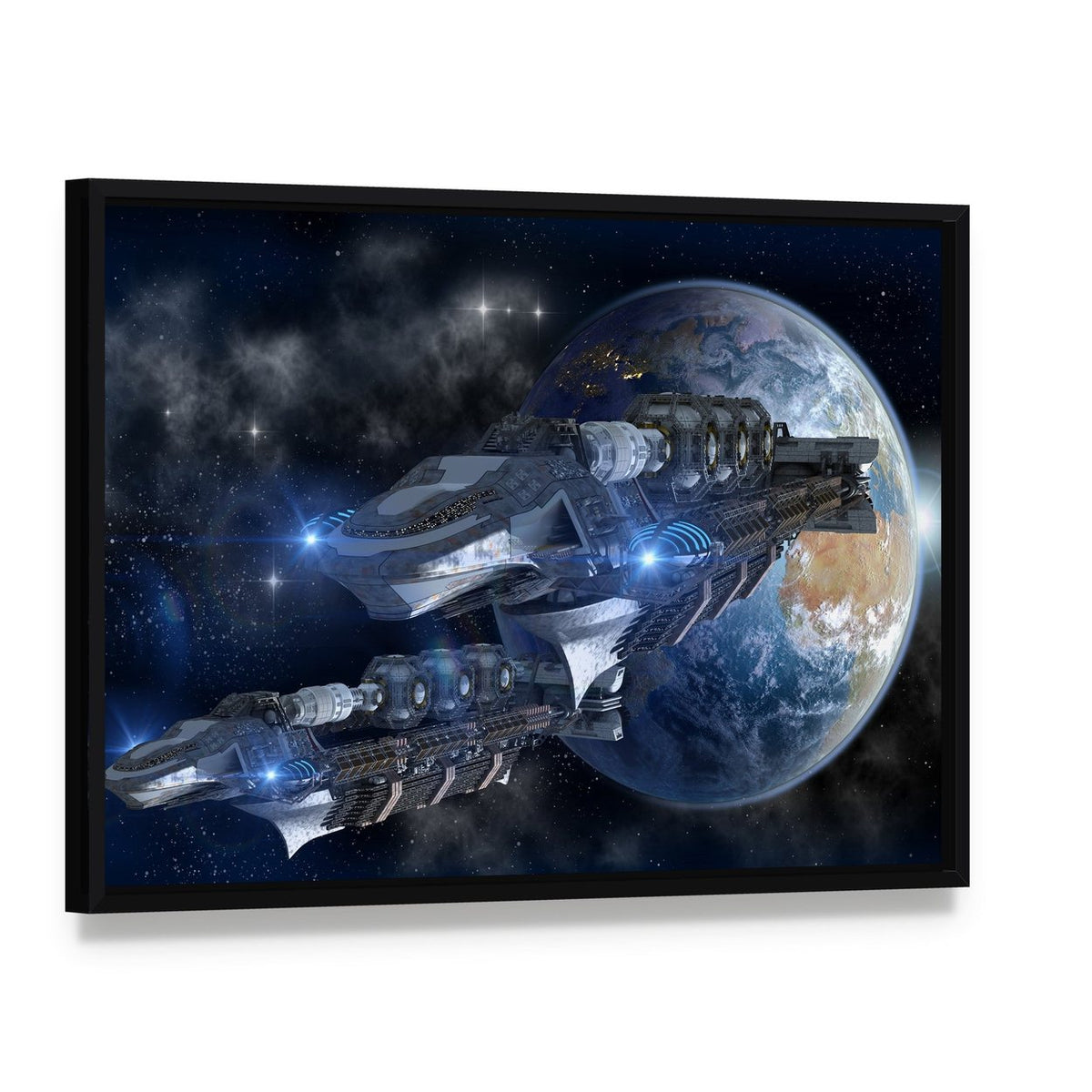 Spaceship Fleet Leaving Earth Canvas Wall Art, framed canvas in a black floater frame, angled product view