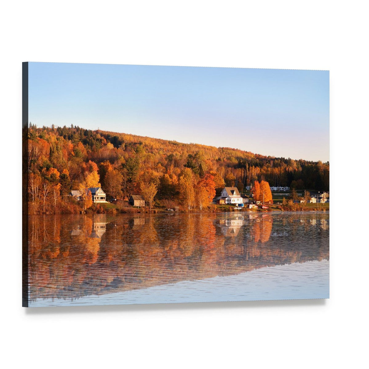 Autumn Hillside Lake Reflection Canvas Wall Art, single panel gallery wrapped canvas, angled product view
