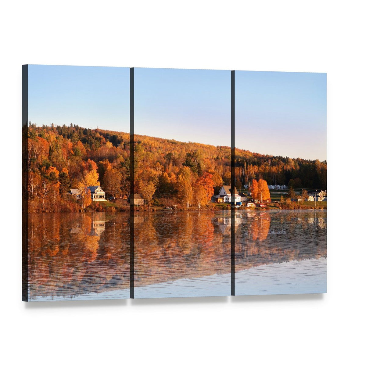 Autumn Hillside Lake Reflection Canvas Wall Art, 3 panel 3 Horizontal layout gallery wrapped canvas set, angled product view