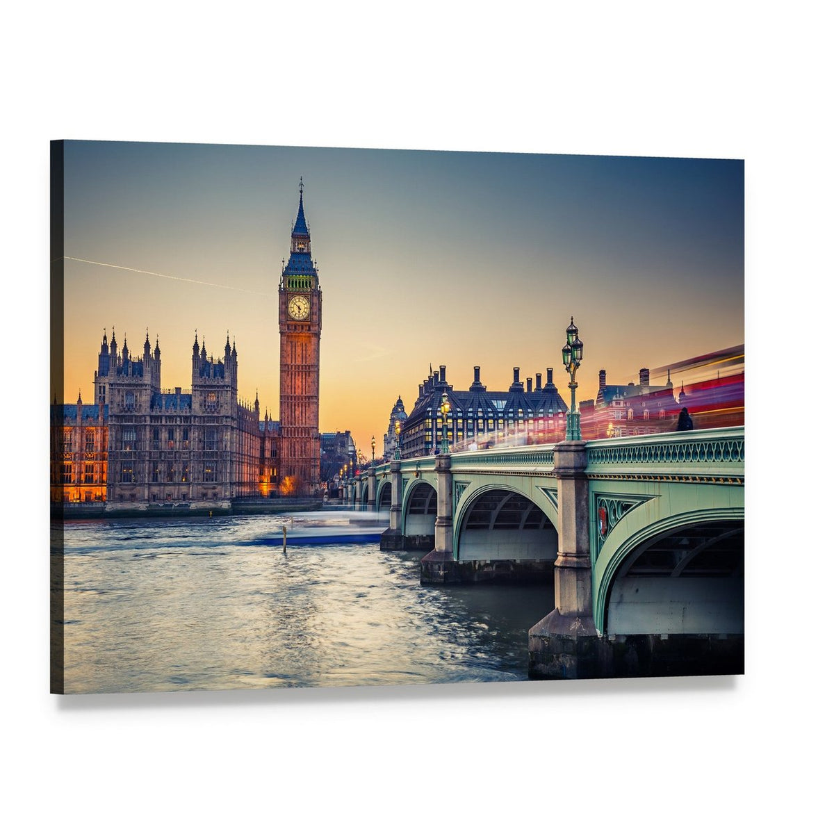 Big Ben and Houses of Parliament at Dusk Canvas Wall Art, single panel gallery wrapped canvas, angled product view