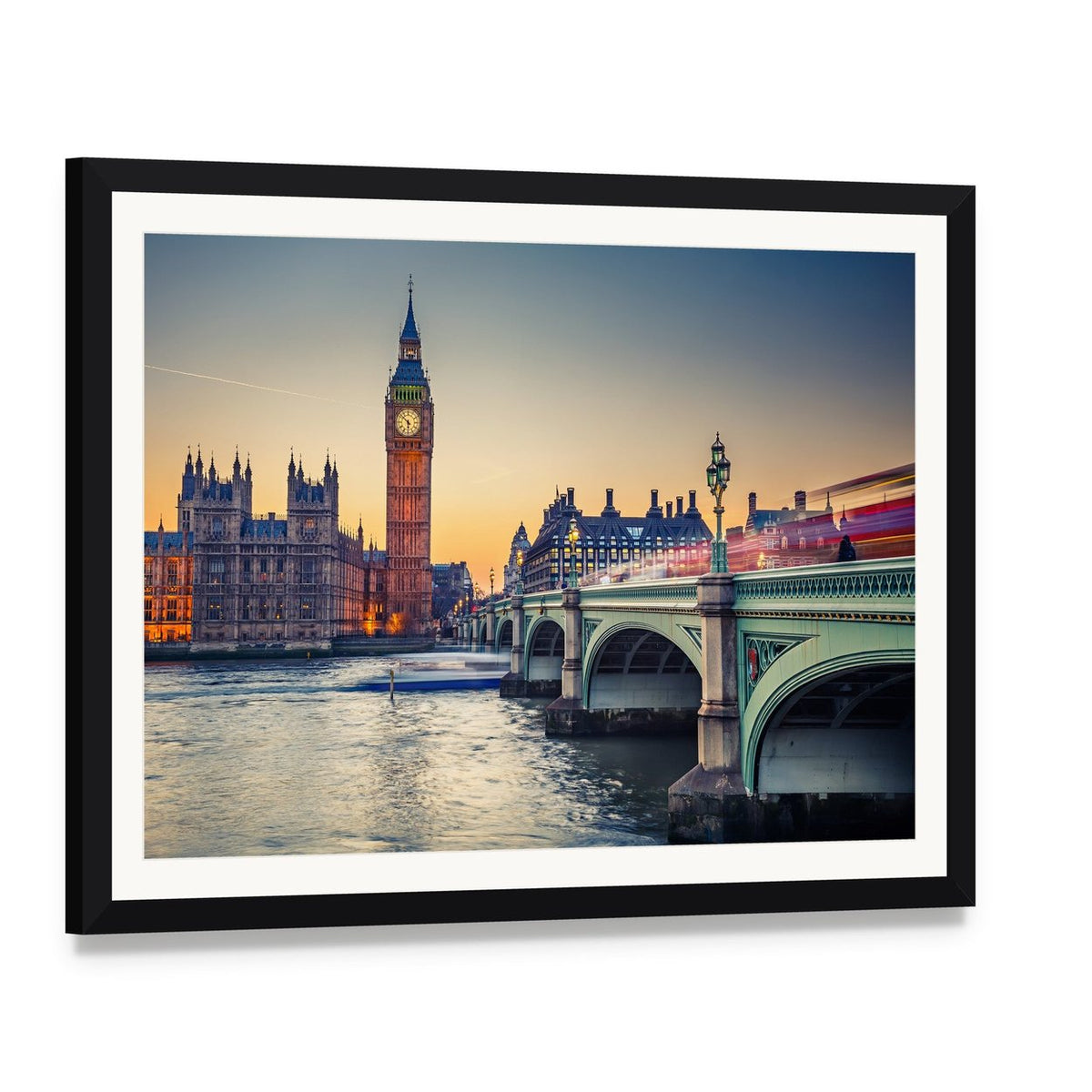 Big Ben and Houses of Parliament at Dusk Canvas Wall Art, framed print with white mat and black frame, angled product view