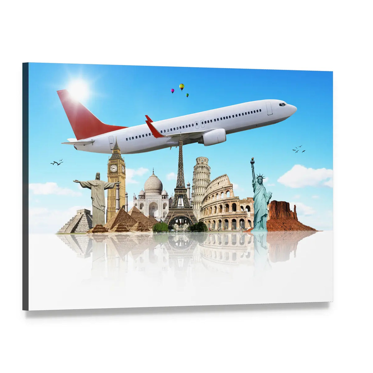 Global Landmarks Collage with Airplane Canvas Wall Art, single panel gallery wrapped canvas, angled product view