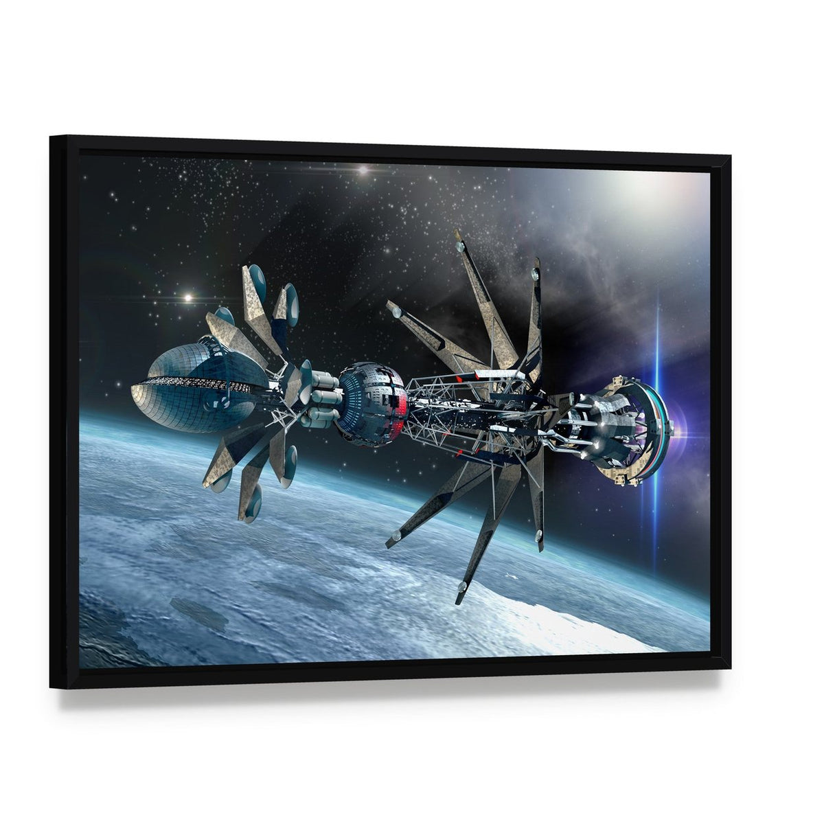 Spaceship with Warp Drive Canvas Wall Art, framed canvas in a black floater frame, angled product view