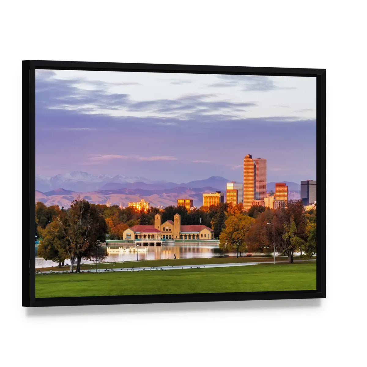 Denver Skyline at Sunset Canvas Wall Art, framed canvas in a black floater frame, angled product view