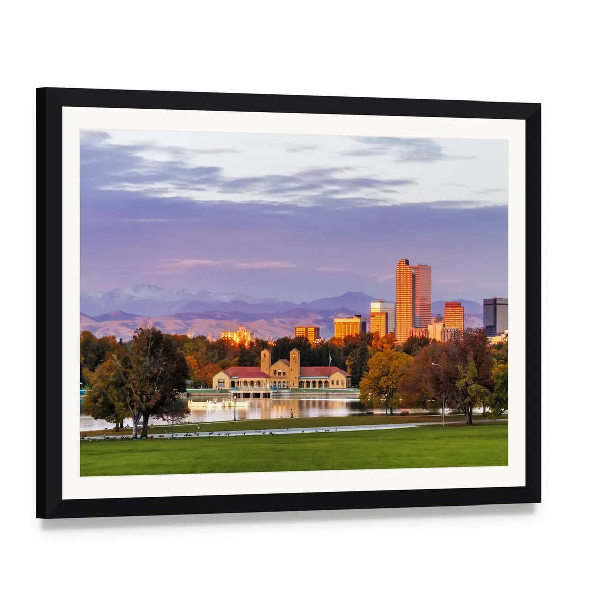 Denver Skyline at Sunset Canvas Wall Art, framed print with white mat and black frame, angled product view
