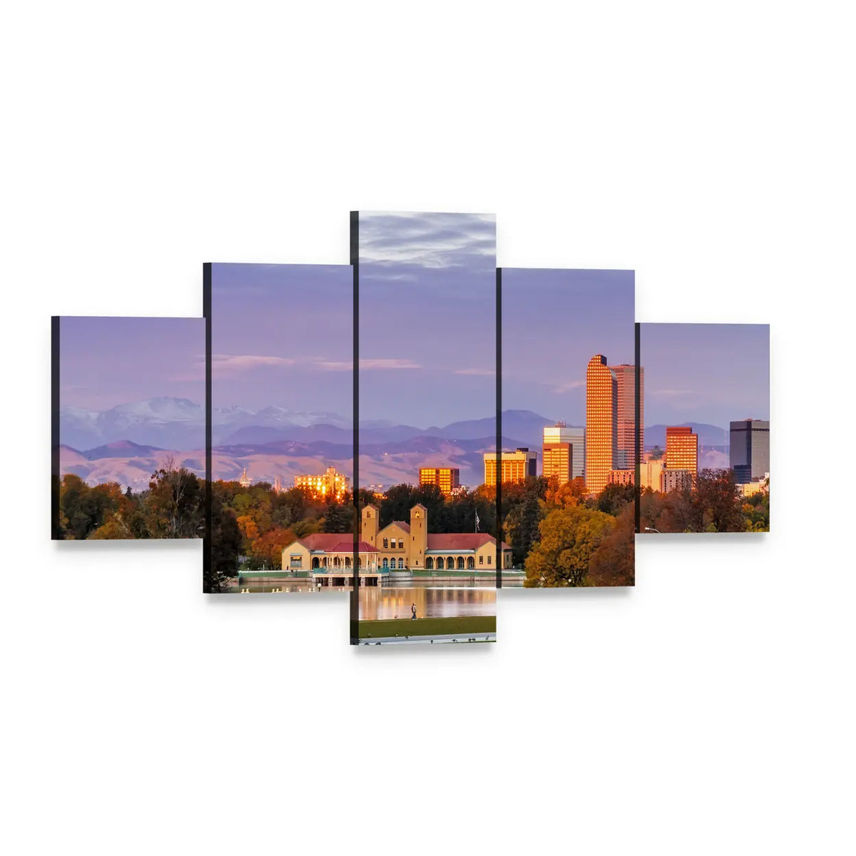 Denver Skyline at Sunset Canvas Wall Art, 5 panel 5 Star layout gallery wrapped canvas set, angled product view