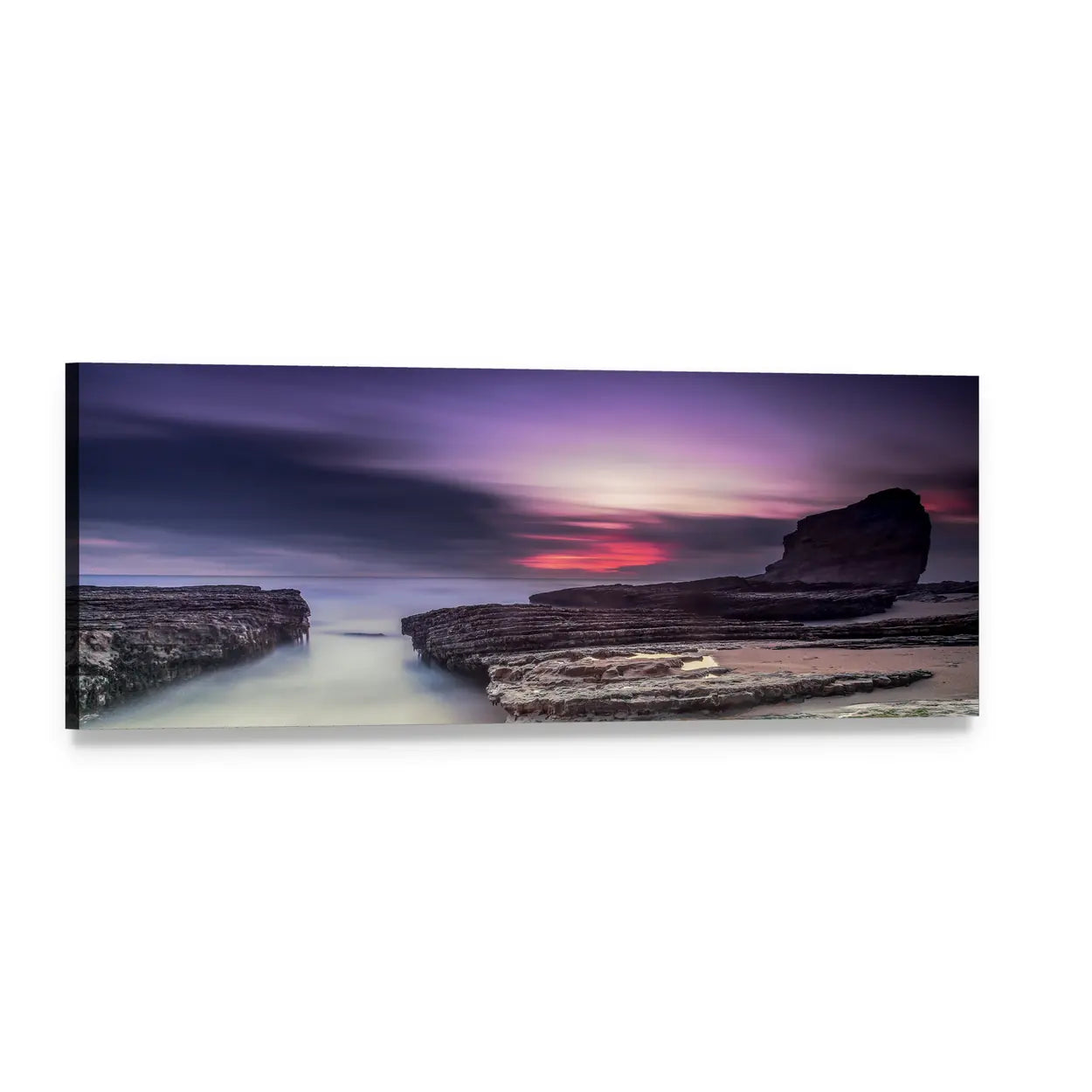 Misty Coastal Cliffs at Sunset Panoramic Canvas Wall Art, single panel gallery wrapped canvas, angled product view
